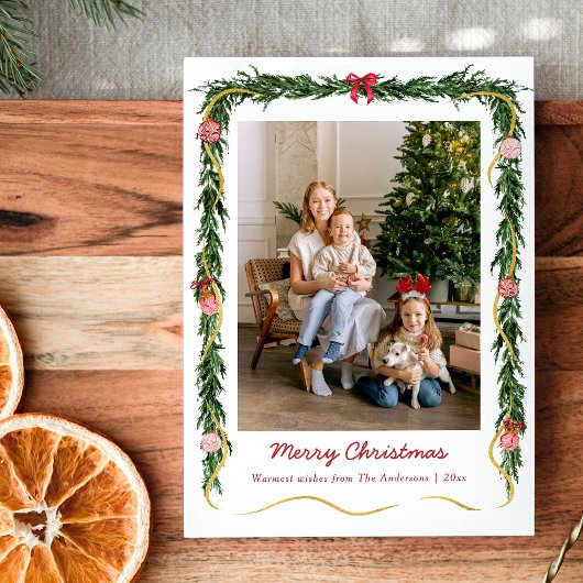 モダンなクリスマスのグリーンとリボン 1枚の写真 シーズンカード