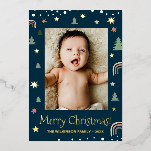 モダンなクリスマスのスカンディブルーのカスタム写真 箔シーズンカード (正面)