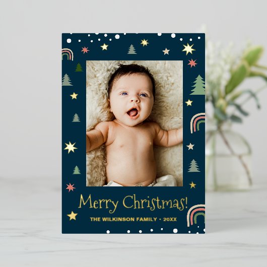 モダンなクリスマスのスカンディブルーのカスタム写真 箔シーズンカード (立ち正面)