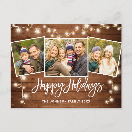 モダンなクリスマスのルスティック 3枚の写真を使ったグリーティングカード ポストカード (正面)