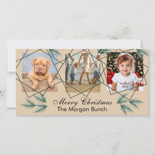 モダンなクリスマスの松の葉の3枚写真コラージュ シーズンカード (正面)