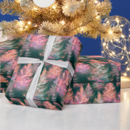 モダンなクリスマスの緑・ピンク・紫・白のツリー ラッピングペーパー