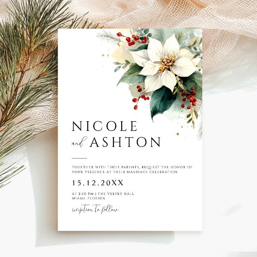 モダンなクリスマスの花の結婚式 招待状