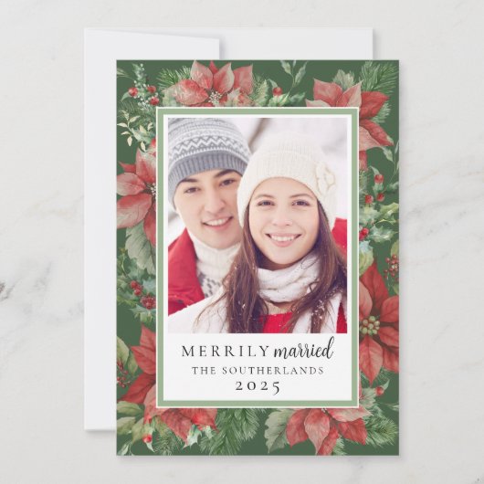モダンなクリスマスの花束 陽気に結婚した 新婚夫婦 シーズンカード (正面)