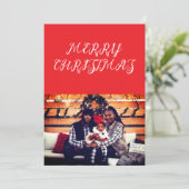 モダンなクリスマスの赤い手書きフォントの写真 シーズンカード (スタンド正面)