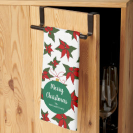モダンなクリスマスオーナメントの家族名入りレッドフラワー キッチンタオル