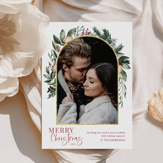 モダンなクリスマスグリーンアーチ ゴールドフォト シーズンカード