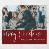 モダンなクリスマススクリプト2写真コラージュ 赤 スパークリングワインラベル (シングルラベル)