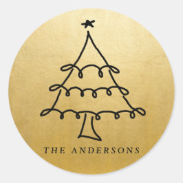 モダンなクリスマスツリーのスケッチのフェイクな金ゴールドホイル ラウンドシール