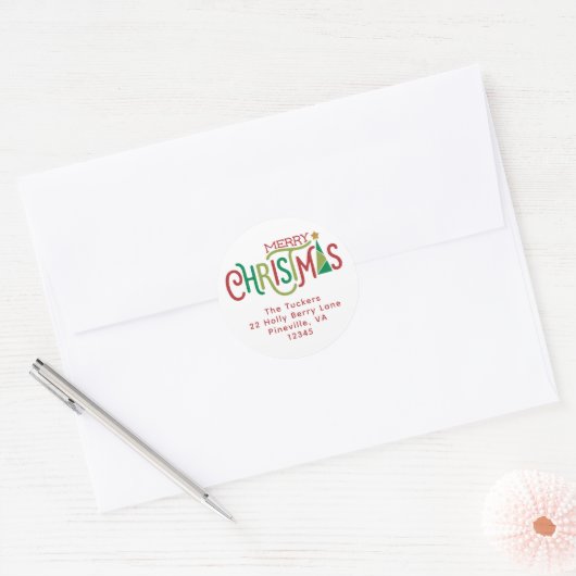 モダンなクリスマスツリーの返送先住所ラベル ラウンドシール (封筒)