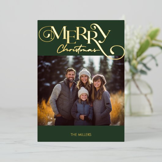 モダンなクリスマスツリー グリーン プライド ミニマル 1枚の写真 箔シーズンカード (立ち正面)