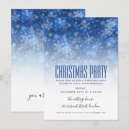 モダンなクリスマスホリデーパーティー 青と白 招待状 (正面/裏面)