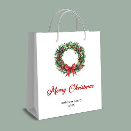 モダンなクリスマスリースのギフトバッグ 高級感のあるゴールドのアクセント ミディアムペーパーバッグ