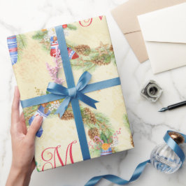 モダンなクリスマスリース 赤と黄色の文字のポップなデザイン ラッピングペーパー