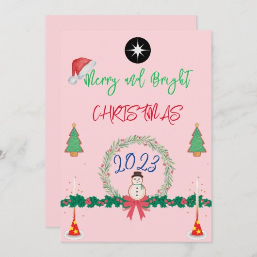 モダンなクリスマス2023リース 明るく楽しい シーズンカード (正面/裏面)