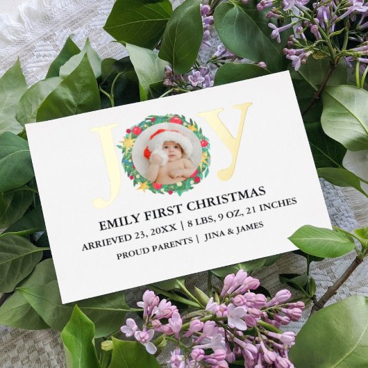 モダンなクリスマス ゴールド ジョイ リース 新生児お知らせ 箔シーズンカード