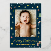 モダンなクリスマス スカンディ ブルー カスタム写真 箔シーズンカード (正面)