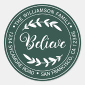 モダンなクリスマス　ビリーブ　返送先　グリーン ラウンドシール (正面)