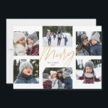 モダンなクリスマス フォト コラージュ6枚セット　ゴールド シーズンカード<br><div class="desc">6枚の写真をモダンでおしゃれなスクリプトのデザインの周りに配置し、中央に偽のゴールドのグリッター効果を加え、オリジナルのメッセージも入ります。 シンプルなデザインがおしゃれで、友達や家族と一年のハイライトを共有するのに最適です。 背景はフェスティブな赤のストライプですが、赤は「さらにカスタマイズする」をクリックすることで編集できます。</div>