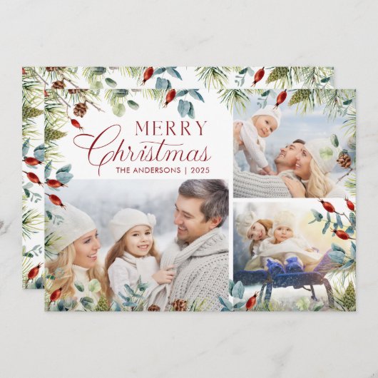 モダンなクリスマス フォト コラージュ 冬のグリーン シーズンカード (正面/裏面)