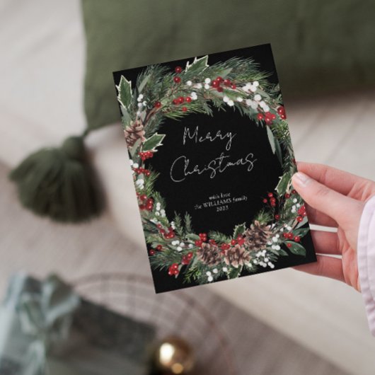 モダンなクリスマス　赤い実のボタニカルリース シーズンカード