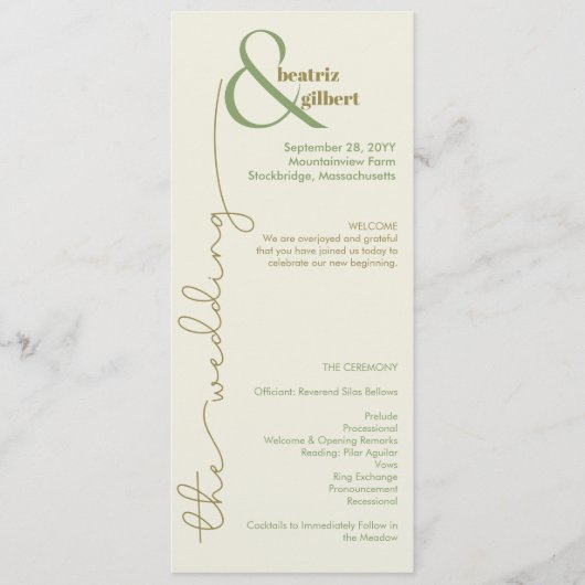 モダンなクリームとグリーンのミニマルウェディングプログラム (正面)