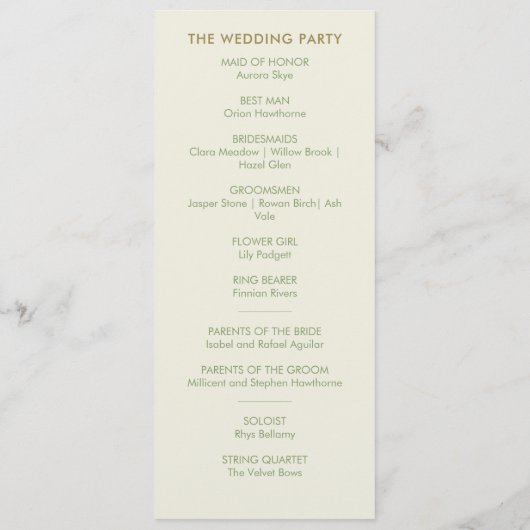 モダンなクリームとグリーンのミニマルウェディングプログラム (裏面)