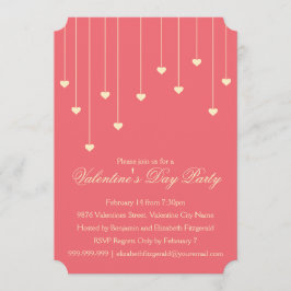 モダンなクリーム色のハートのオーナメントがコーラルレッドのバレンタインパーティー 招待状