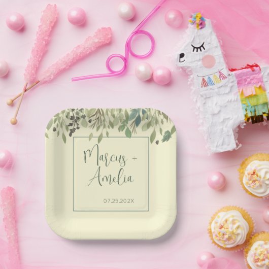 モダンなクリーム＆ユーカリのウェディング ペーパープレート (パーティー)