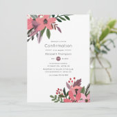モダンなグランデュールのプラムとピンクの花柄の堅信礼 招待状 (スタンド正面)
