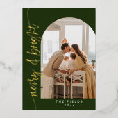 モダンなグリーンとゴールドのアーチ写真ファミリークリスマス 箔シーズンカード (正面)