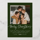 モダンなグリーンとゴールドのアーチ写真ファミリークリスマス 箔シーズンカード (裏面)