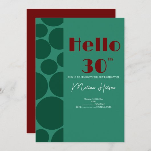 モダンなグリーンとバーガンディの誕生日招待状 招待状 (正面/裏面)
