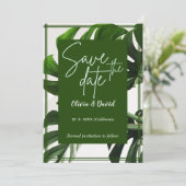 モダンなグリーンとホワイトのトロピカル セーブ・ザ・デート 招待状 (スタンド正面)