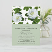 モダンなグリーンとホワイトの花柄のファーストコミュニオン 招待状 (スタンド正面)