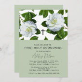 モダンなグリーンとホワイトの花柄のファーストコミュニオン 招待状 (正面/裏面)