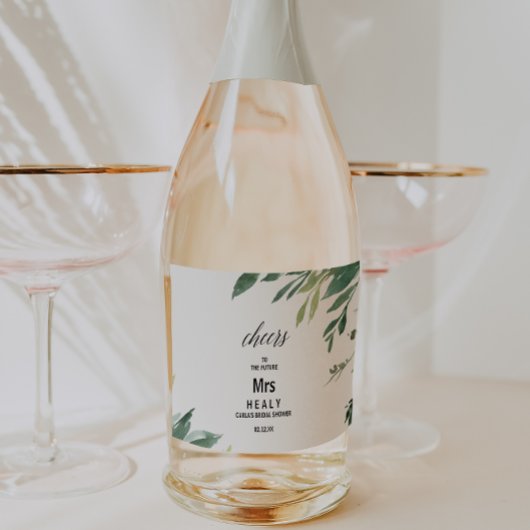 モダンなグリーンとボタニカルな葉のデザインのウェディングシャワーラベル スパークリングワインラベル