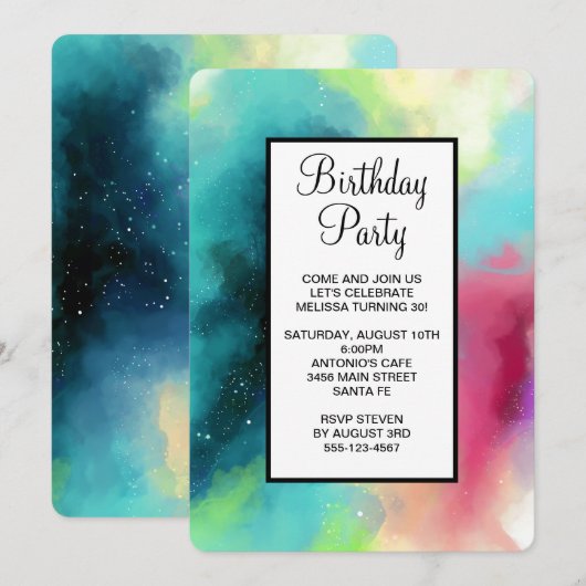 モダンなグリーンとレッドの宇宙ネビュラ水彩 招待状 (正面/裏面)