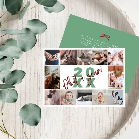 モダンなグリーンとレッドの12枚の写真の コラージュ 今年を振り返って シーズンカード
