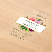 モダンなグリーンと花のイスラム教ムスリム結婚式 アクリル招待状 (レイダウン)