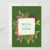モダンなグリーンと花のイスラム教ムスリム結婚式 招待状 (裏面)