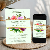 モダンなグリーンと花のイスラム教ムスリム結婚式 招待状