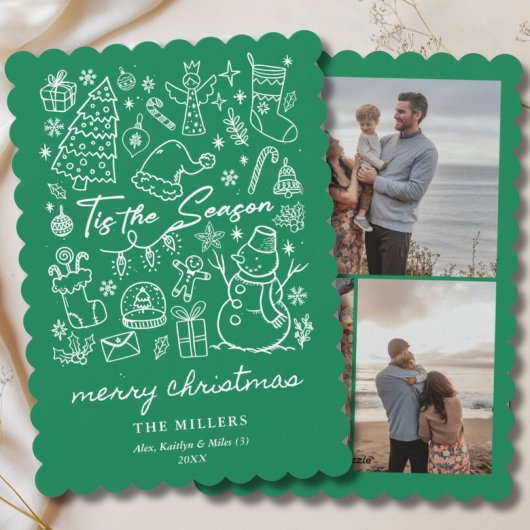 モダンなグリーンのクリスマスシーズン ドゥードル シーズンカード