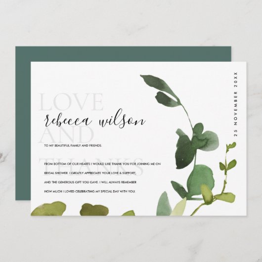 モダンなグリーンのユーカリの葉のブライダルシャワー サンキューカード (正面/裏面)