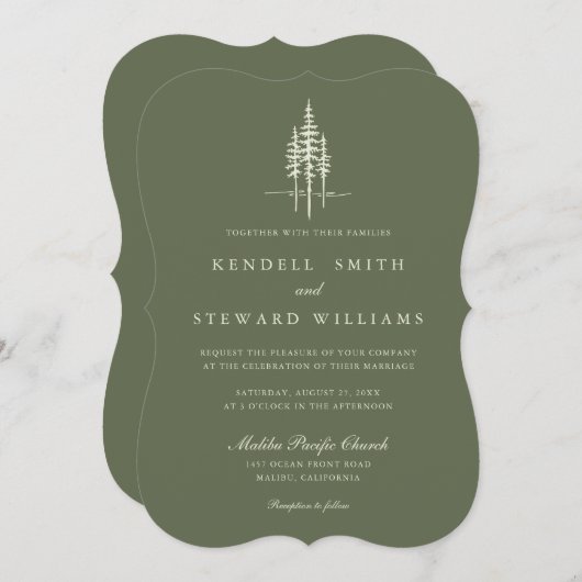 モダンなグリーンの木の森のラスティックな結婚式の招待状 (正面/裏面)