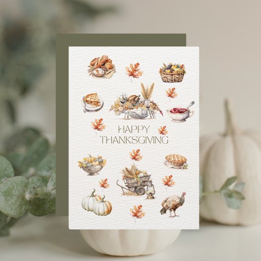 モダンなグリーンの秋の水彩画 ハッピーサンクスギビング シーズンカード