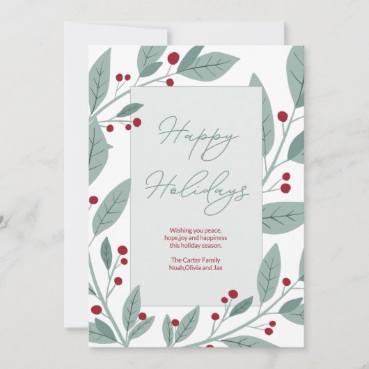 モダンなグリーンの花のハッピーホリデー シーズンカード (正面)