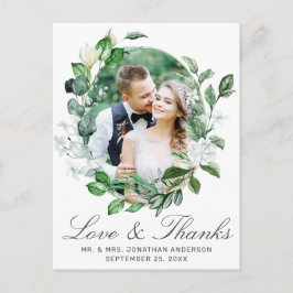 モダンなグリーンの花輪の写真 結婚式のお礼 ポストカード