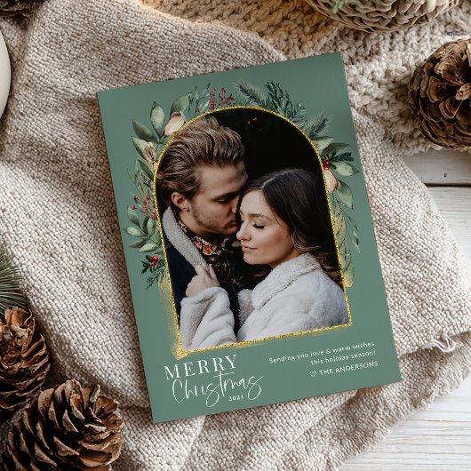 モダンなグリーンアーチ ゴールドフレーム クリスマス フォト