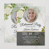 モダンなグリーンフローラル写真退職パーティー 招待状 (正面/裏面)